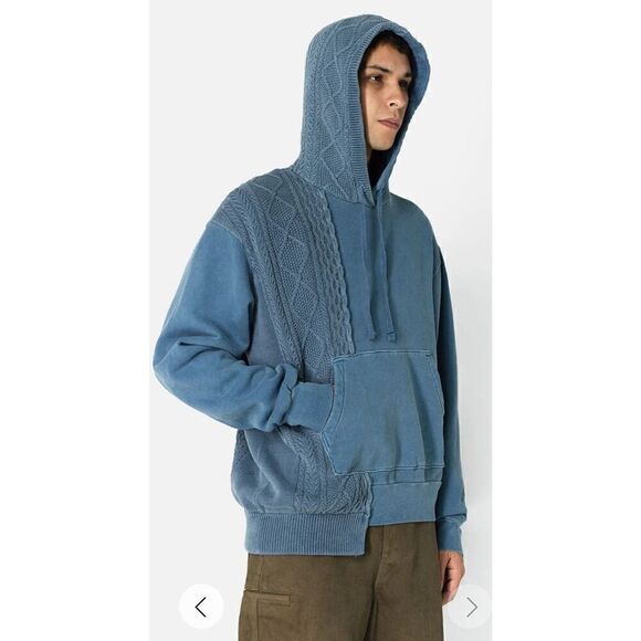 JOHN ELLIOTT Cable Knit 100% Cotton Reconstructed Hoodie in Washed Blue NWT Size - Picture 6 of 13